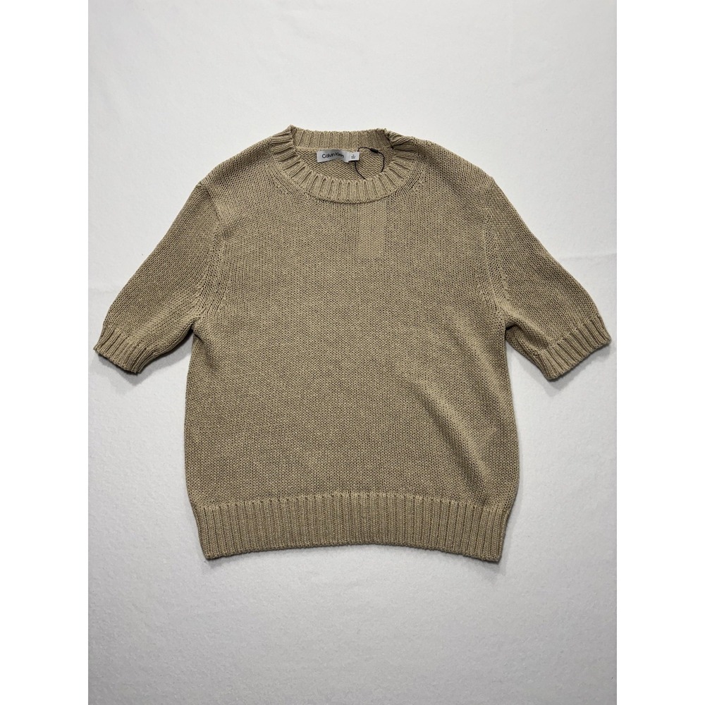 Calvin Klein Sweater Womens M Beige Short Sleeve Crew Neck Hemp Knit Pullover